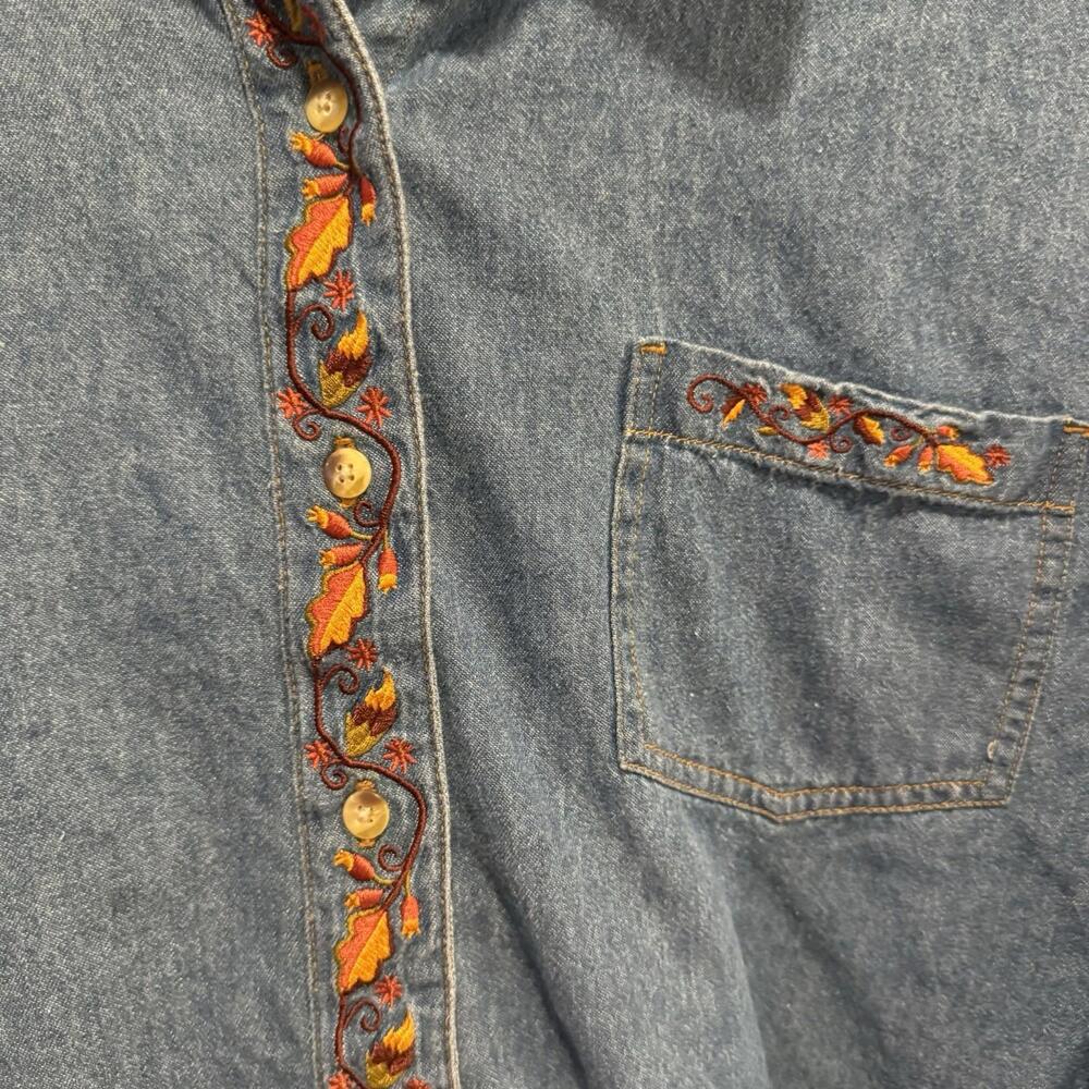 Vintage 90s Style Studio Denim Chambray Fall Pumpkin Autumn Shirt Size Large - Picture 5 of 7